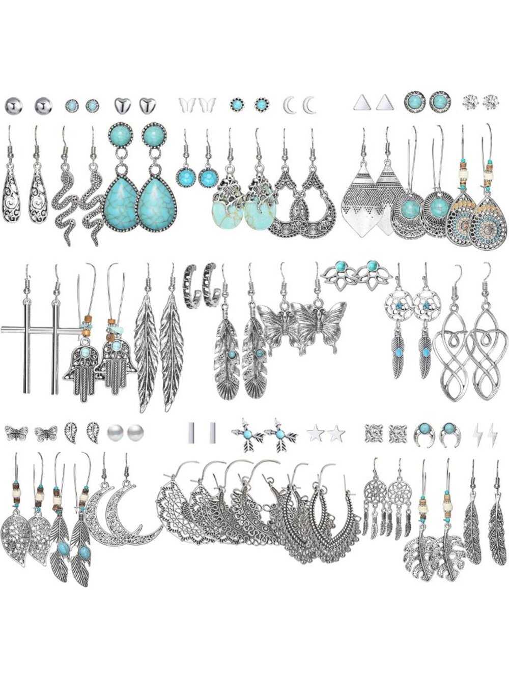 45 Pairs Vintage Silver Turquoise Drop Dangle Earrings Set for Women - Boho